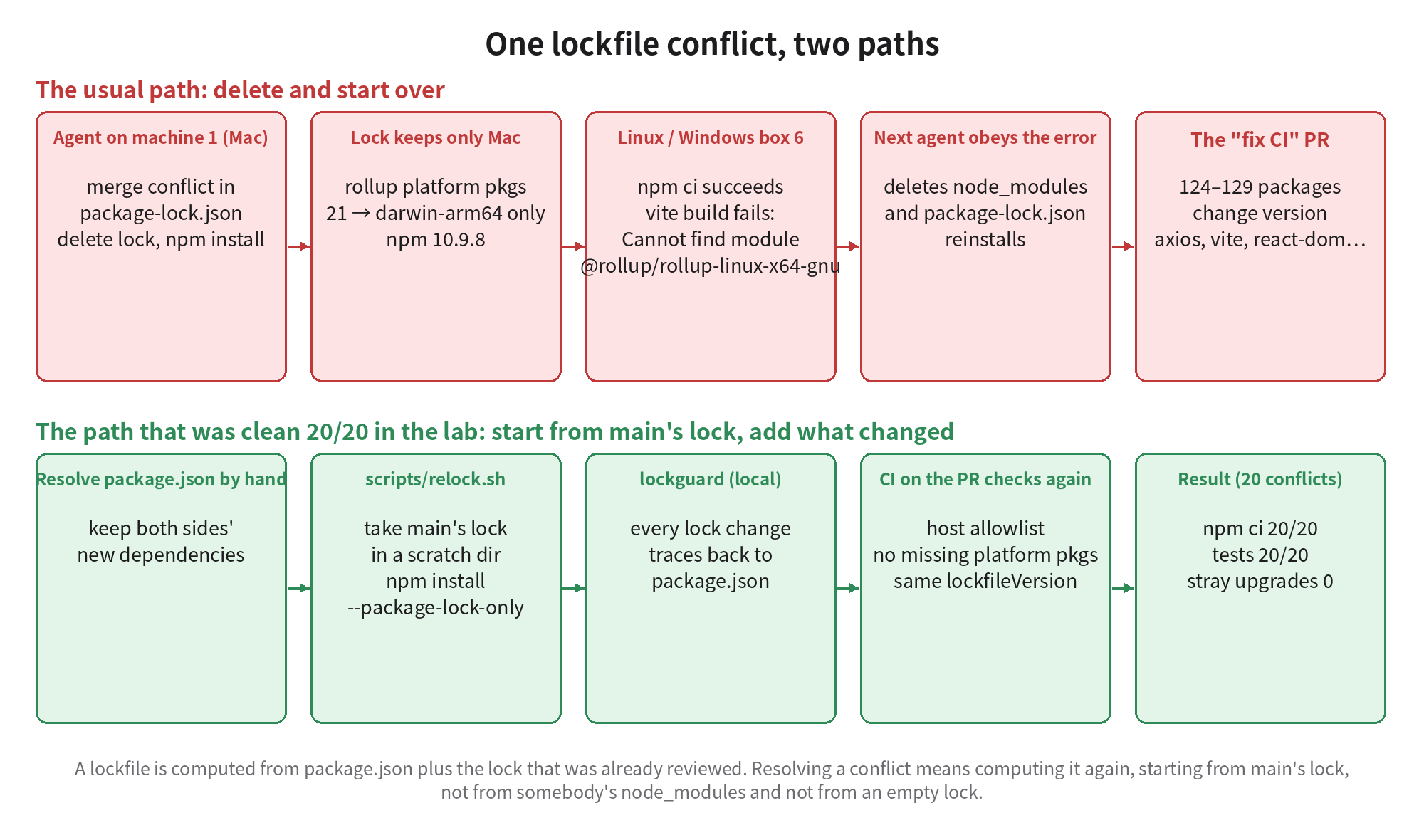 One lockfile conflict, two paths: the usual path deletes the lock and reinstalls, the lock keeps only Mac's rollup platform package, Linux and Windows builds fail, the next agent follows the error and deletes the lock and node_modules, and the fix-CI PR changes 124 to 129 package versions; the other path resolves package.json by hand, runs relock.sh to start from main's lock and add deps, and lockguard locally and in CI checks that every lock change traces back to package.json; all 20 conflicts pass